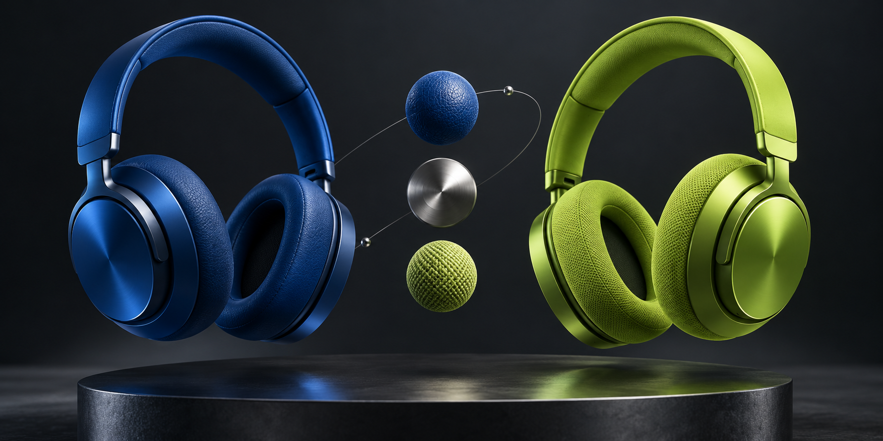 Ilustración de auriculares en azul y lima con muestras de materiales