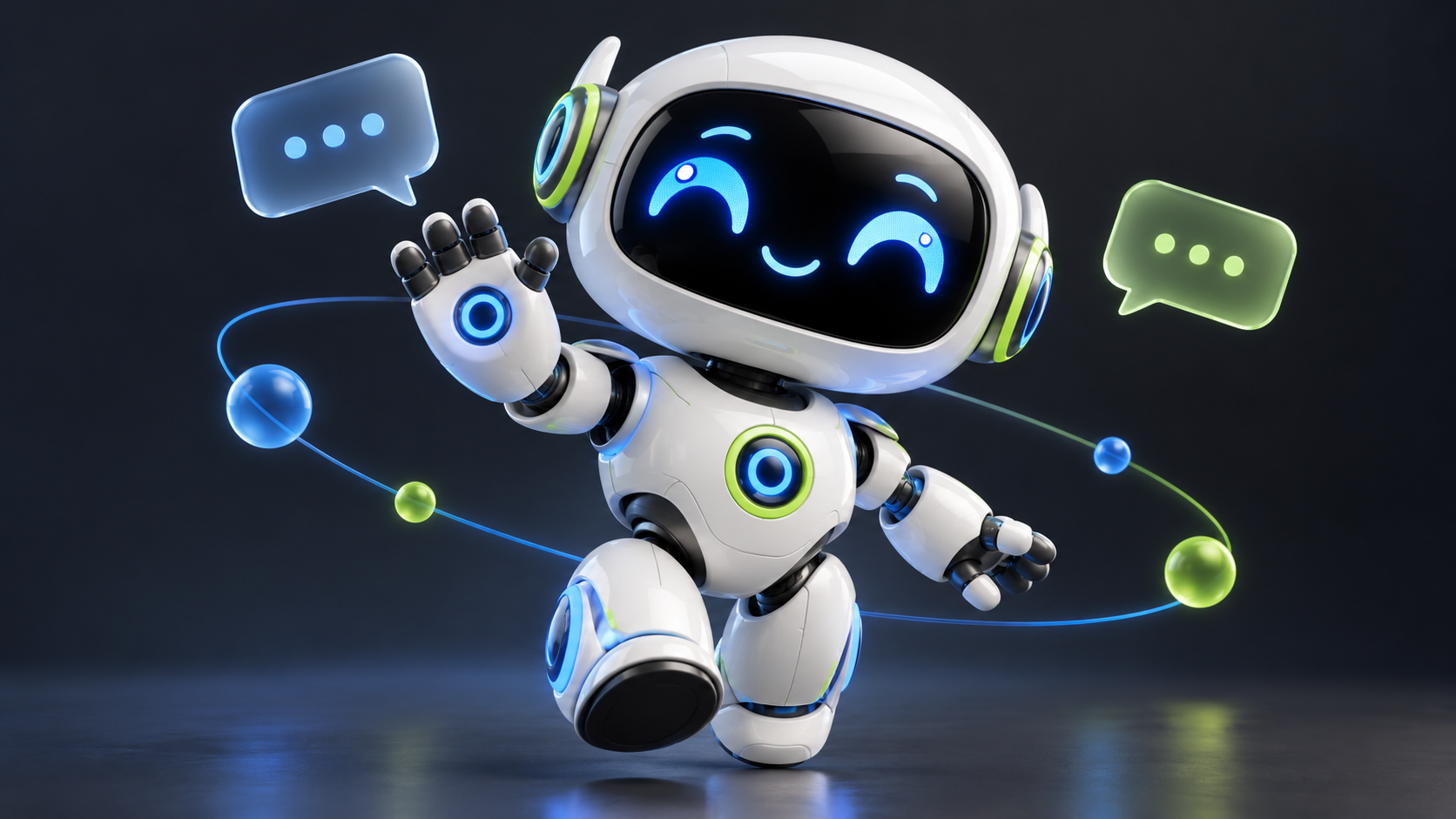 Ilustración de un personaje robot 3D saludando, con elementos de conversación