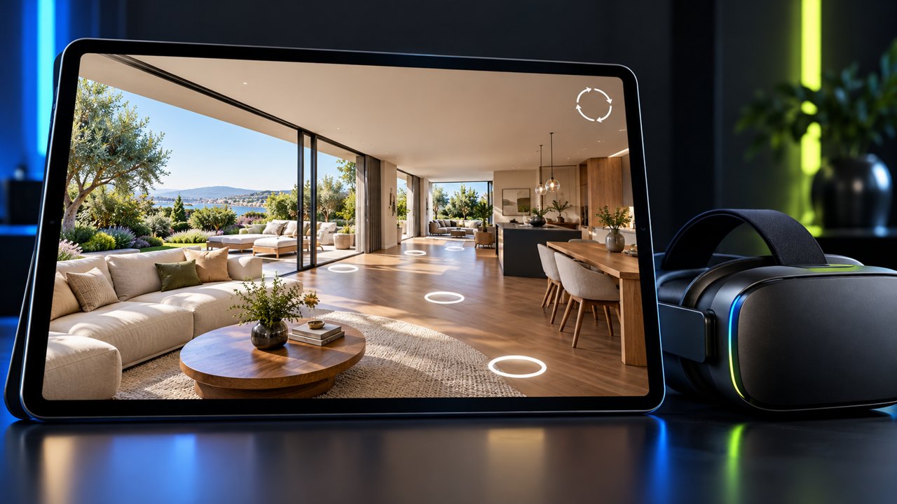 Imagen de referencia: gafas de realidad virtual junto a un espacio inmersivo con puntos de navegación