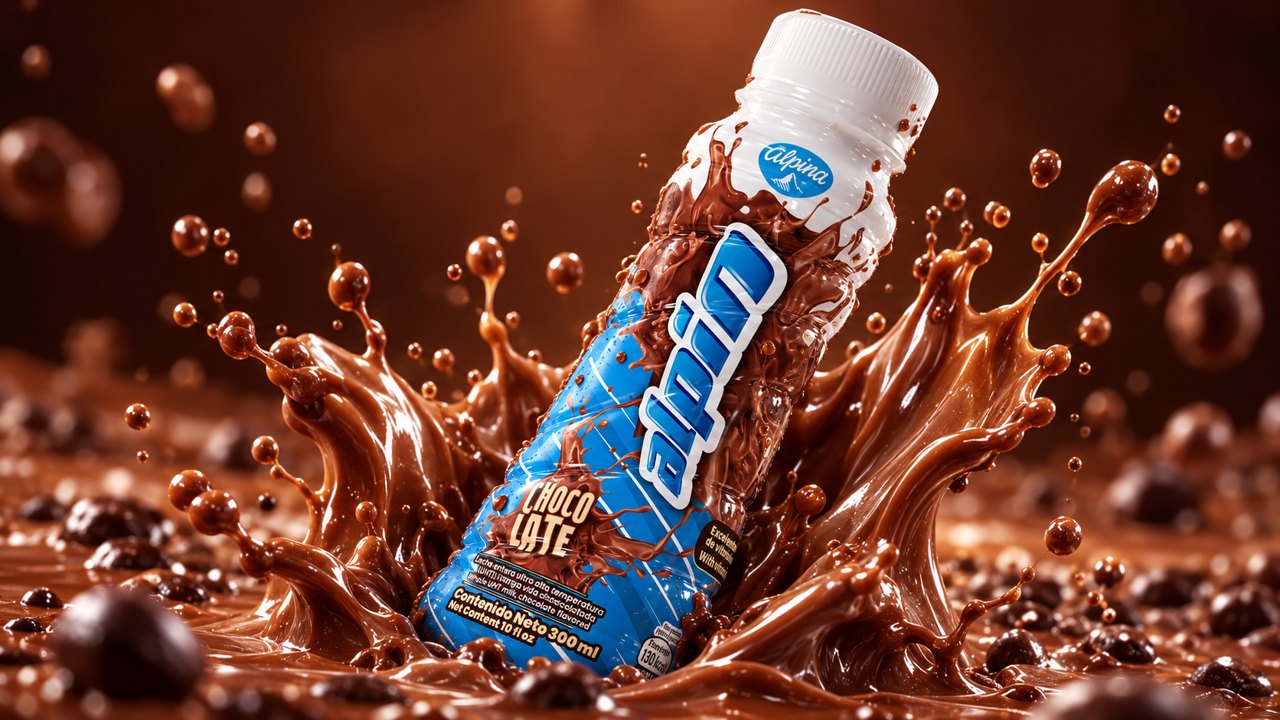 Botella de Yogo entre salpicaduras de chocolate